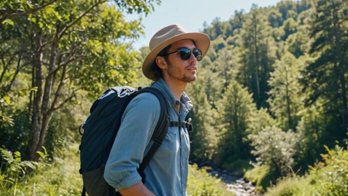 What To Wear Hiking In 60 Degree Weather A Breathtaking Image Of A Hiker Clad In Lightweight, Moisture-Wicking Layers, Sporting Sturdy Hiking Boots, A Wide-Brimmed Hat, Sunglasses, And A Backpack Against A Backdrop Of Lush Greenery, Under A Clear Blue Sky With A Gentle Breeze