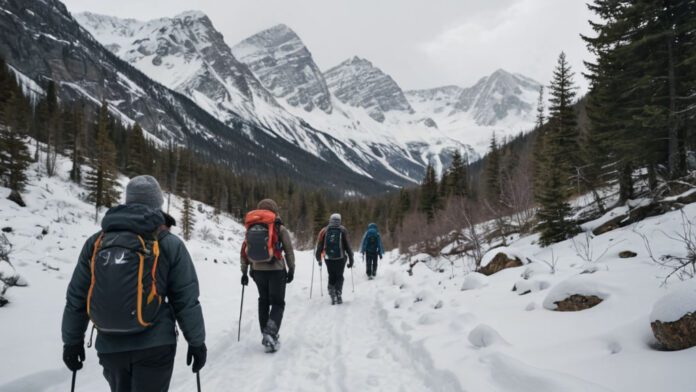 What To Wear Hiking In Winter A Visually Stunning Image Showcasing 7 Diverse Winter Hiking Outfits. Picture A Snow-Covered Trail With Hikers Wearing Insulated Jackets, Waterproof Pants, Sturdy Boots, Cozy Beanies, And Backpacks, Surrounded By Majestic Snowy Mountains