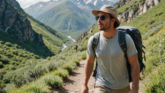 What To Wear Hiking Men An Image Showcasing A Rugged, Sun-Kissed Man Wearing A Moisture-Wicking, Lightweight T-Shirt, Sturdy Hiking Boots, A Brimmed Hat, Cargo Shorts With Zip-Off Legs, A Backpack, Sunglasses, And Trekking Poles, Surrounded By Lush Mountains And A Winding Trail