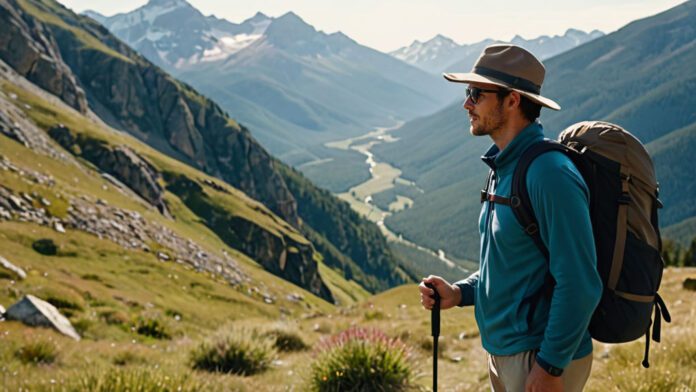 An Image Showcasing A Hiker Clad In Durable, Moisture-Wicking, And Breathable Clothing, Donning Sturdy Hiking Boots, A Brimmed Hat To Shield From The Sun, Sunglasses, A Backpack With Essentials, And Trekking Poles, Against A Scenic Mountain Backdrop