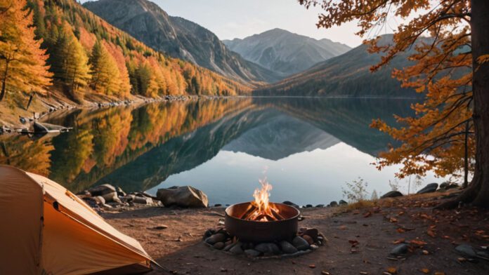 An Image Of A Serene Mountain Lake, Surrounded By Vibrant Autumn Foliage. A Campfire Flickers Nearby, Casting A Warm Glow On A Cozy Tent. The Sky Is Painted With Shades Of Sunset, Signaling The Perfect Time To Embark On A Camping Adventure