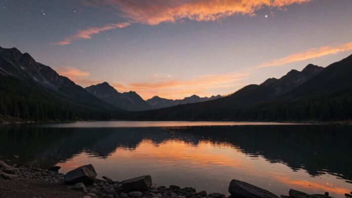 The Essence Of The Great Outdoors With An Image Showcasing A Rugged Mountain Range Silhouetted Against A Fiery Sunset, A Serene Lake Nestled In A Verdant Valley, And A Cozy Campfire Flickering Under A Star-Studded Sky