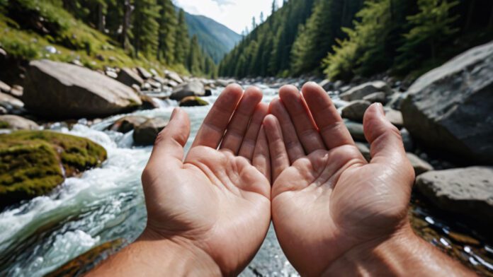 An Image Capturing A Hiker'S Hands Submerged In Crystal-Clear Mountain Streams, Showcasing The Delicate, Puffy Swelling Caused By Exertion. Emphasize The Contrast Between The Serene Surroundings And The Discomfort Of Swollen Hands